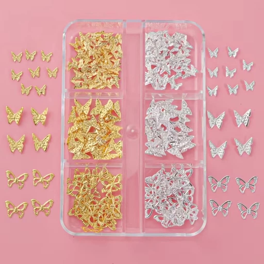 130 unidades/caixa de Charms de Unhas 3D Borboleta | Mini Charms de Borboleta de Ferro em Dourado e Prateado