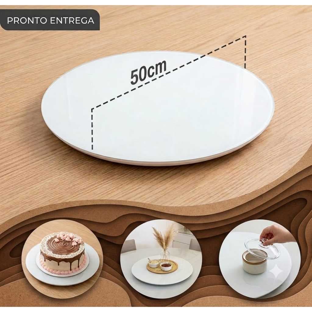 Prato Giratório 50cm com Vidro Off White  Bandeja de Sobrepor Centro de Mesa de Jantar Funcional e Decorativo