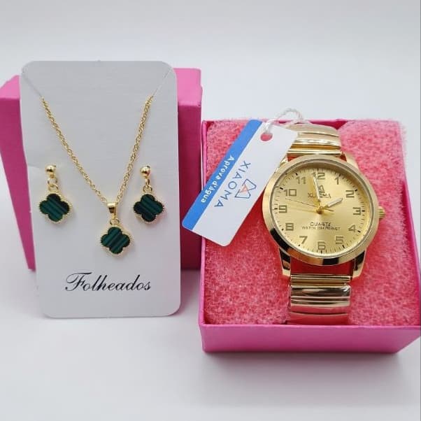 relógio feminino pingente colar dourado elegância praticidade em uma só peça prova d´agua