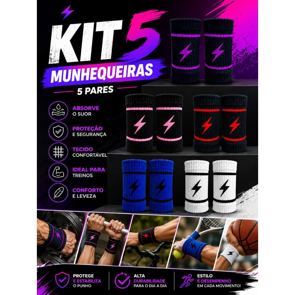 kit com 5 Pares de Munhequeira seca suor, par - beach tennis / Tênis / Crossfit / Handebol