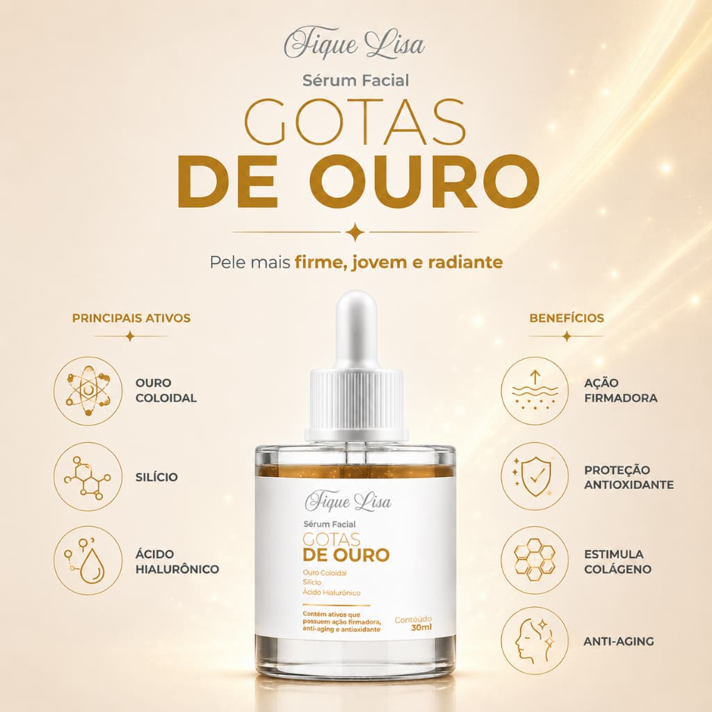 Serum Facial Gotas Ouro Clareador Antissinais Vita C Pele Firme Iluminada Anti Oxidante Hialuro 30ml
