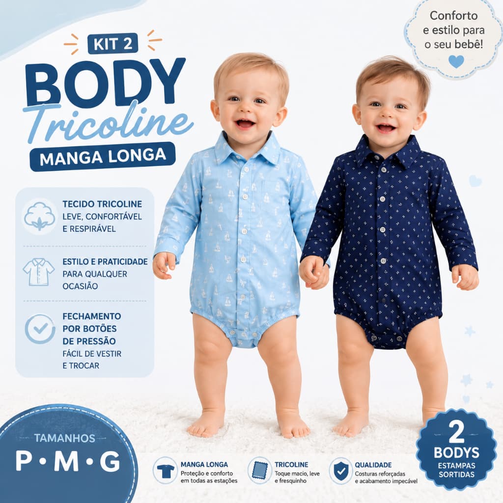 Kit 2 Bodies Bebê Elegânce Tricoline Manga Longa +1BB
