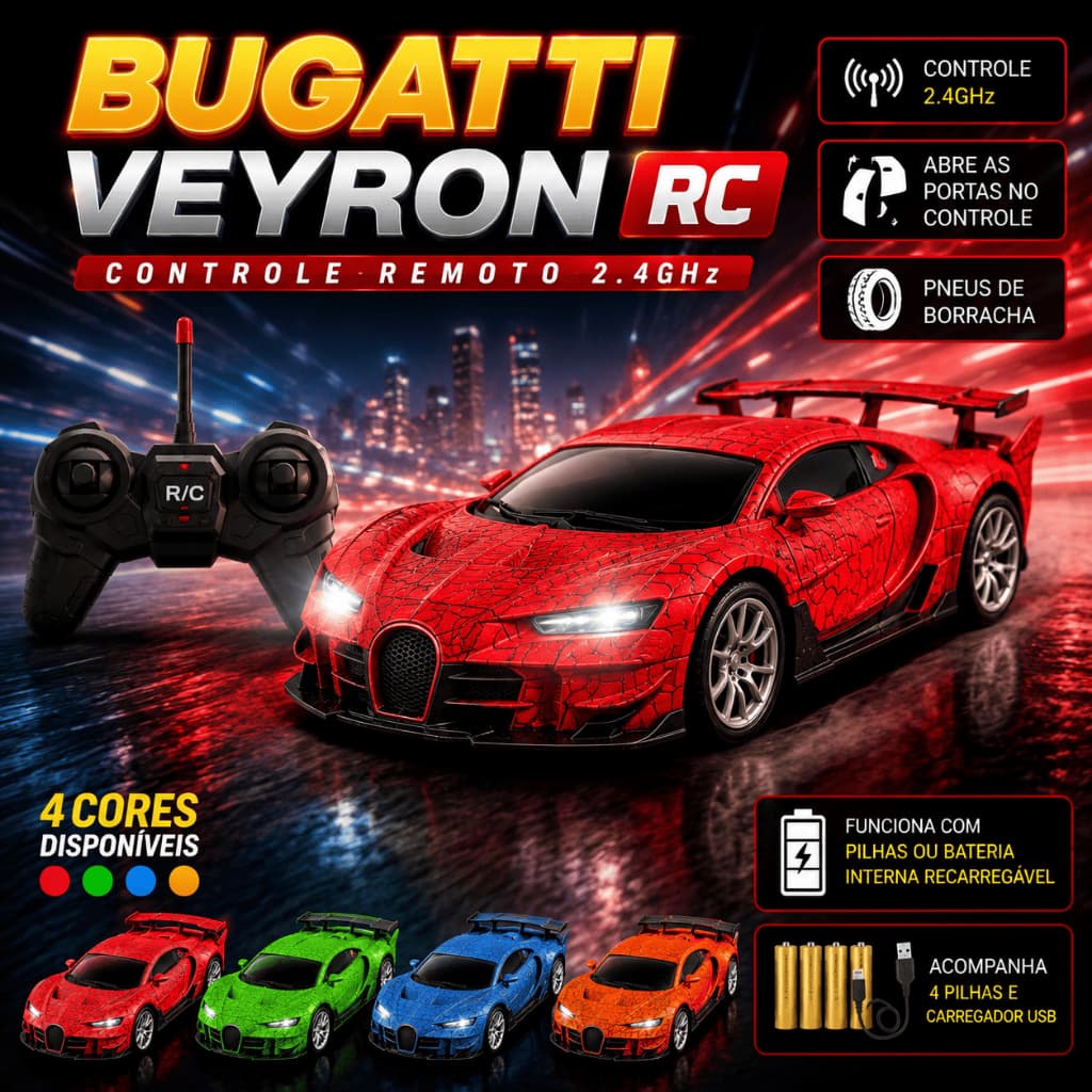 Carrinho de Controle Remoto Sport Race Brinquedo Infantil Escolha O Seu Veyron 5 Canais 2.4 gHz