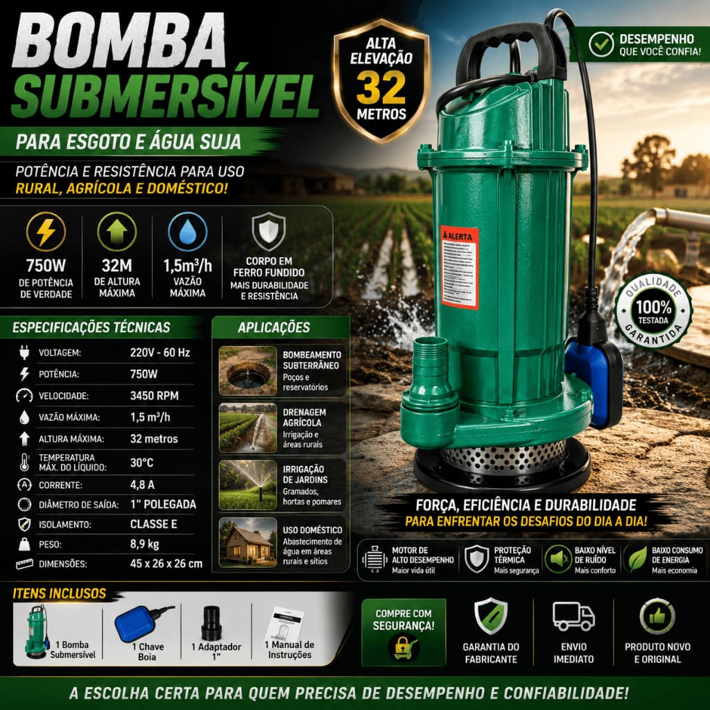 Bomba Submersa Alta Pressão 750W 32m Altura p/ Água Suja, Poço e Esgoto 220V com Flutuador QDX1.5-32-750W