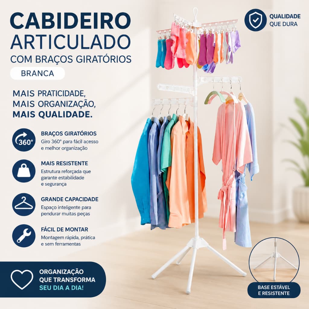 Cabideiro Articulado Bracos Giro Organizador Roupas Modular Branco Funcional Casa