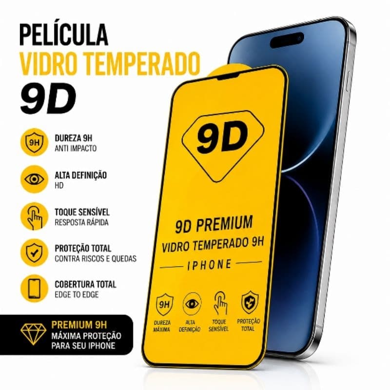 película de vidro temperado 9D iPhone 16 plus cobertura total 9H Premium.