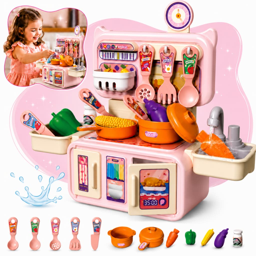 Cozinha Infantil Completa Pia Sai Água de verdade e Acessórios Geladeira e Armários Brinquedo Menina