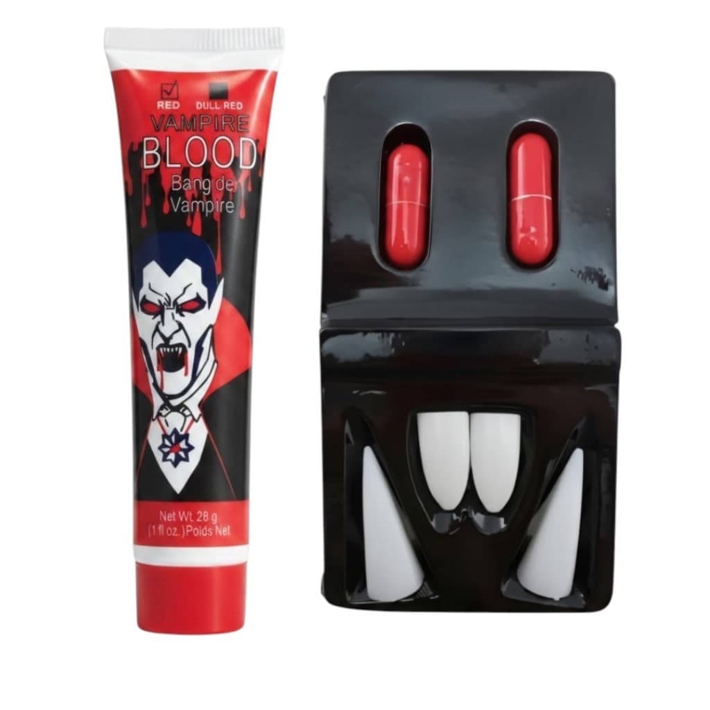 Kit Halloween Vampiro Presas De Dente + Bisnaga Sangue Falso Maquiagem 28g + Cápsulas Festa Fantasia Cosplay