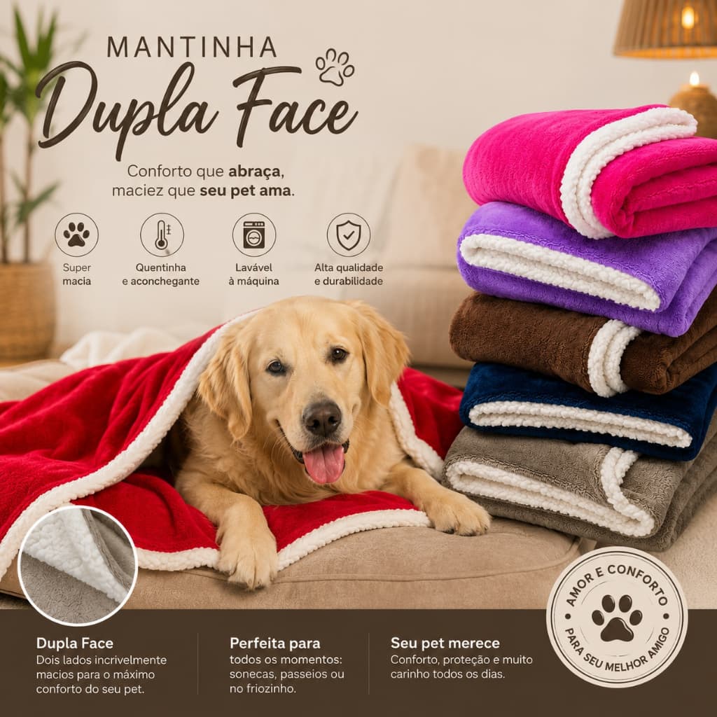 Kit com 3 ou 2 Mantas Cobertor com Sherpa Dupla Face Para Caminha de Cachorro e Gato Tamanho 90x70cm
