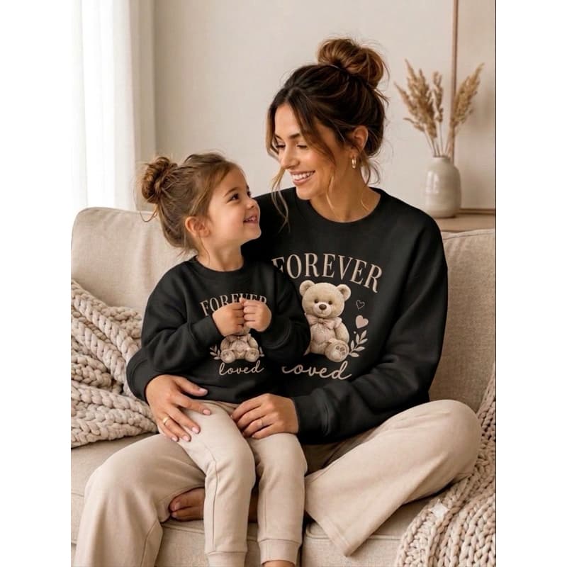 Blusa de Frio Feminina Mãe e Filha Forever Love Urso Flanelado  Adulto Infantil Inverno confortável envio imediato
