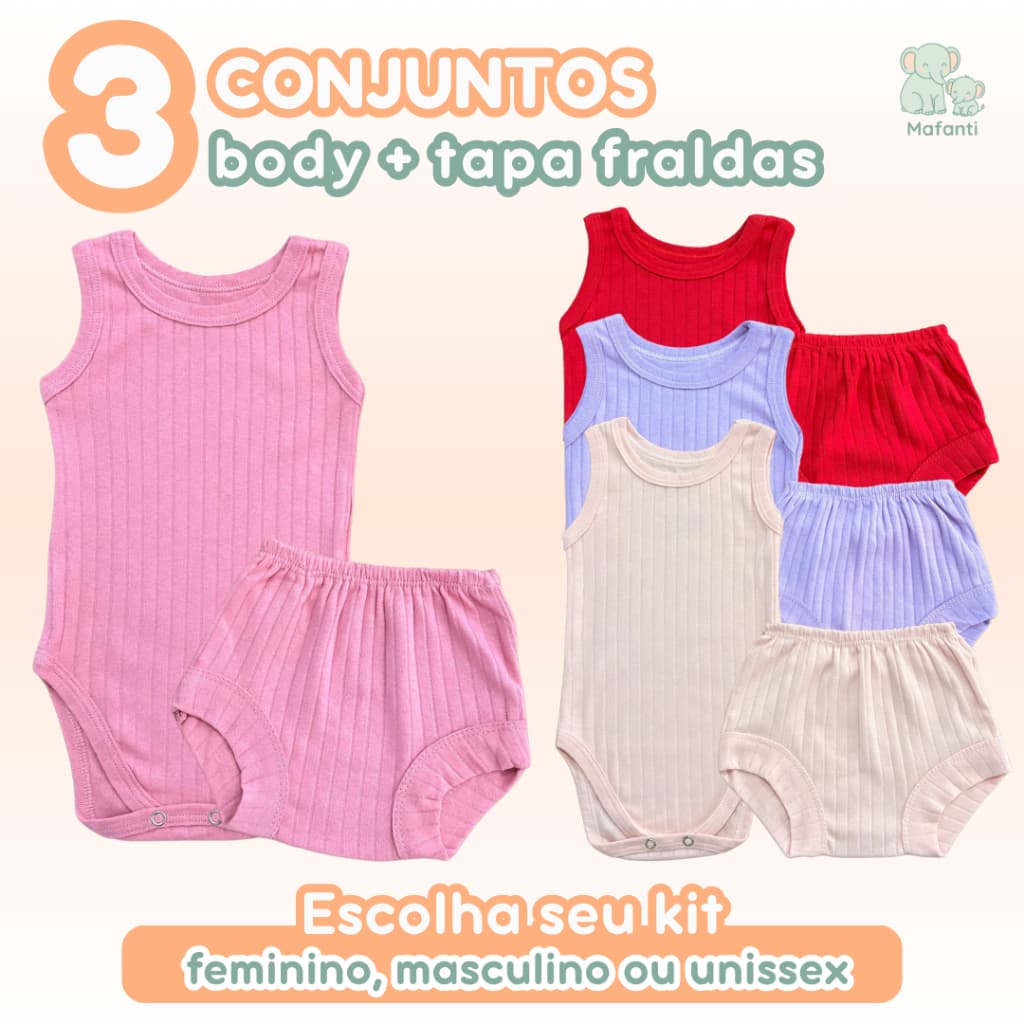 Kit 3 Conjuntos Body + Tapa Fralda Bebê 100% Algodão Canelado Comfort Cores Verão Calor Feminino Masculino Unissex