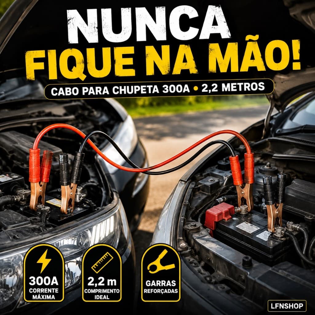 Kit 2 Cabos Para Recarga de Bateria Automotiva 300 AMP 2,2 Metros Cabo Automotivo Chupeta