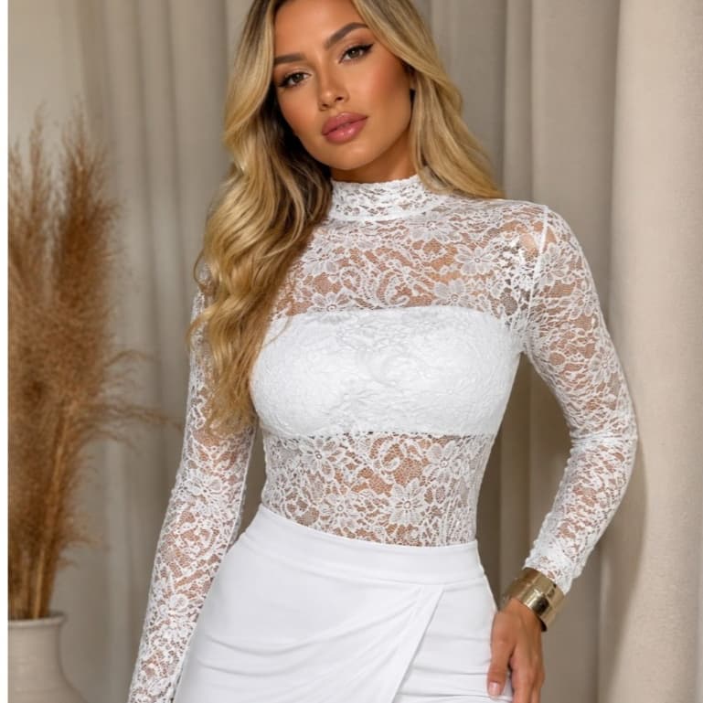 Body Feminino Manga Longa De Renda Floral Feminino Lançamento 2,0