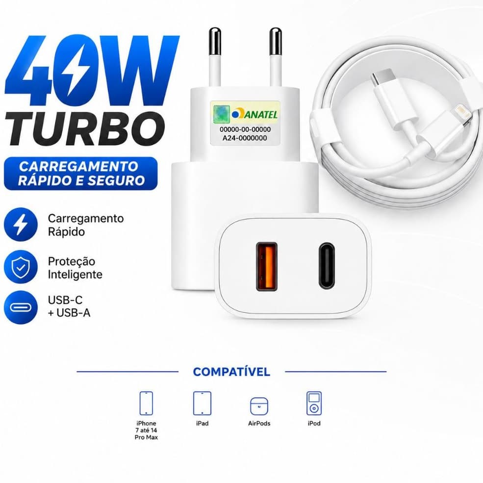 Fonte Carregador 40W Turbo com Cabo USB-C para iPhone 7 ate 14 Pro Max