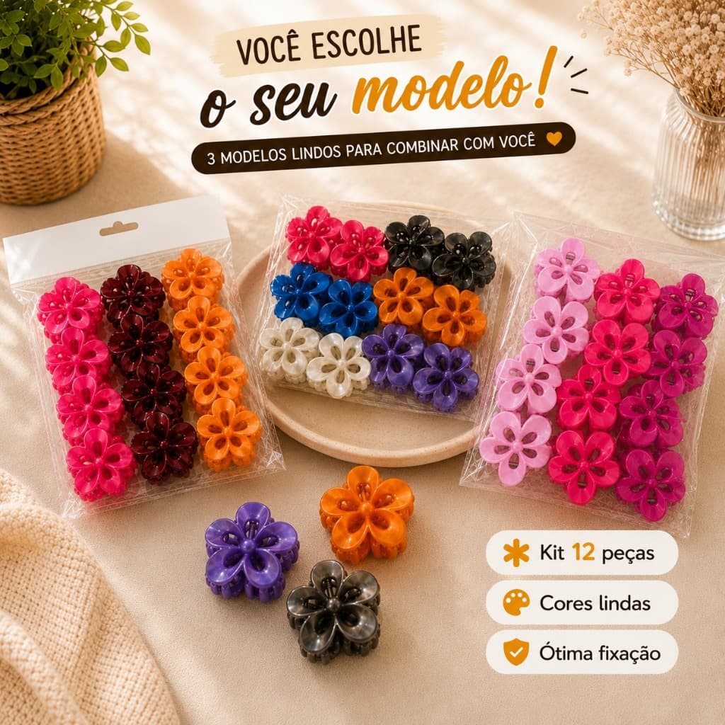 Kit Presilhas Coloridas Flor Grande para Cabelo Piranhas Femininas Pacote c 12 Elegante Blogueirinha