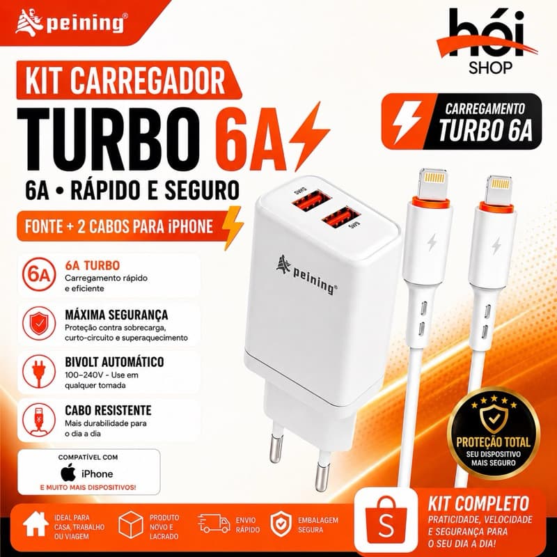 Kit Carregador Turbo 6A + 2 Cabos iOS | Carregamento Rápido | iPhone