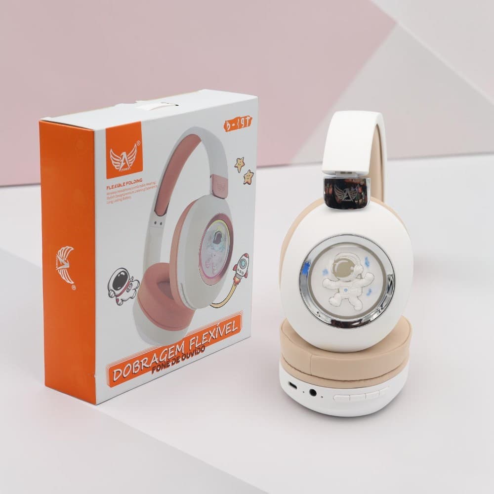 Fone de Ouvido Bluetooth Infantil Astronauta Sem Fio Dobrável com Microfone FM e Cartão TF