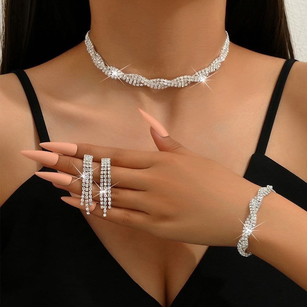 Conjunto de Joias Femininas Colar Pulseira e Brincos Strass Borla Elegante Casamento Festa Semi Joias Bijuteria Prata