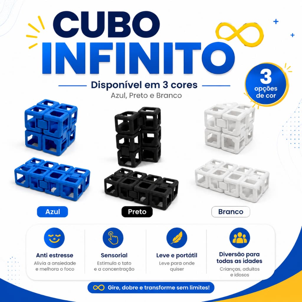 Cubo Infinito Sensorial Anti Estresse Fidget Toy em 3 Cores - Moderno - Maleável - Presente Criativo