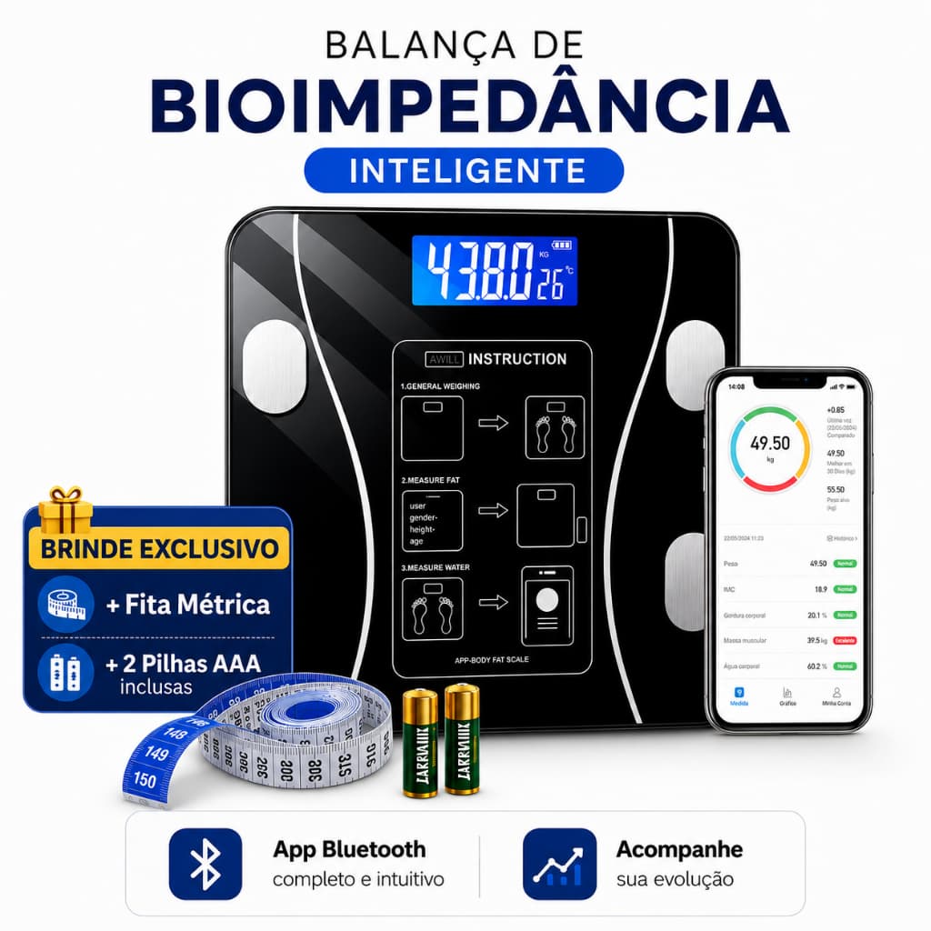 Balança Corporal Bluetooth + Fita Métrica e Pilhas para Bioimpedância Profissional Dieta