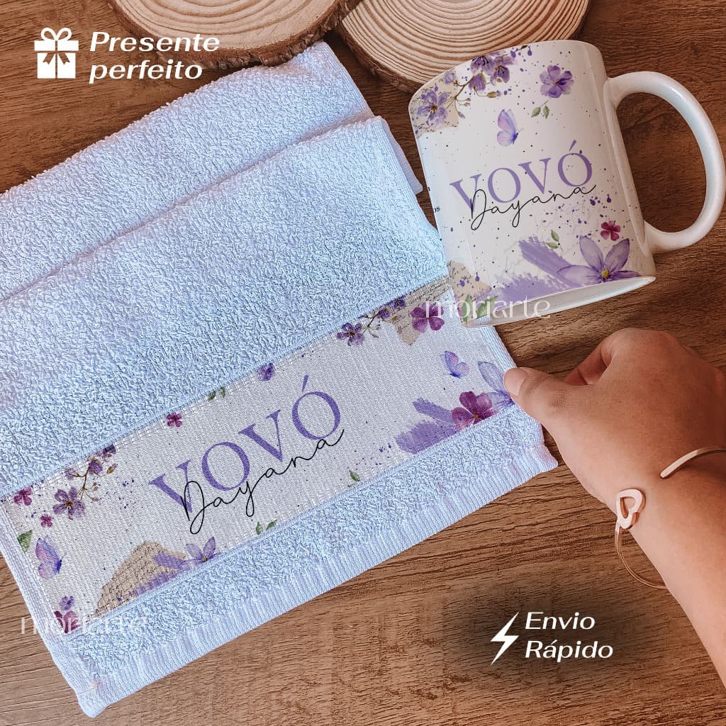 Presente avó, Kit Caneca personalizada+ toalha de mão e caixa presente avó, Presente personalizado