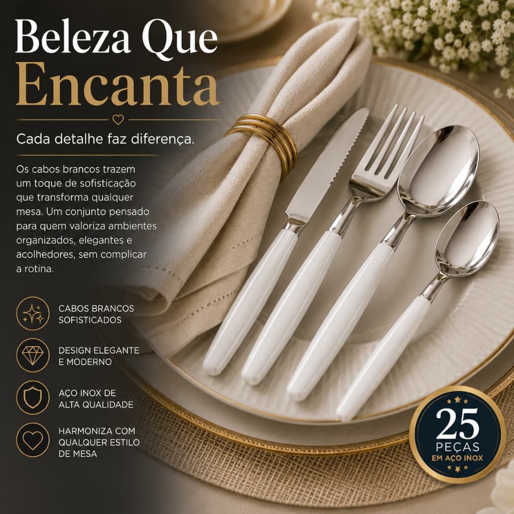 Kit Talheres Inox 25 Peças Branco Faqueiro Completo Design Elegante Mesa Posta Cozinha