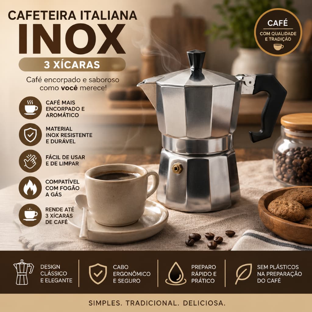 Cafeteira Mineira Inox 3 Xícaras Cozinha Pratica Duravel
