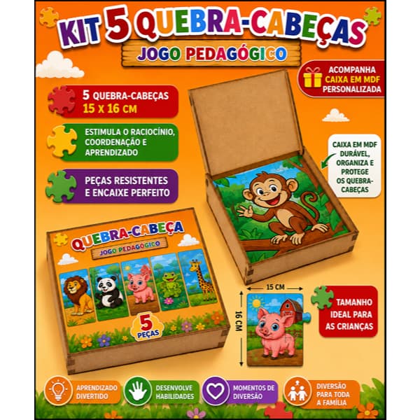 Kit 5 Quebra-Cabeças Animais Infantil Madeira Jogo Brinquedo Educativo Pedagógico – Toy Trade