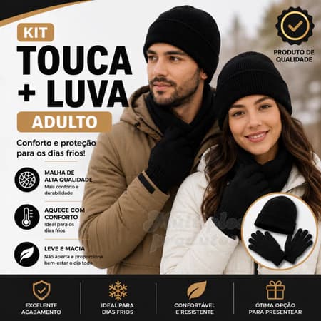 Kit Gorro Liso de Lã com Luva Térmica Básico Preto, Conjunto de Inverno para Adultos