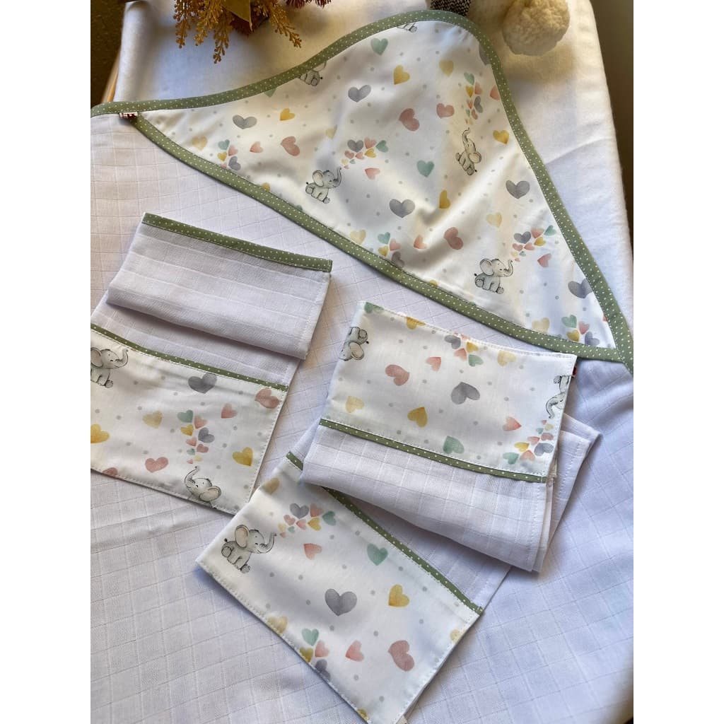 Kit Enxoval Bebê 3 Peças 100% Algodão Premium | Toalha Fralda com Capuz + Fralda de Ombro + Fralda de Boca | Elefantinho