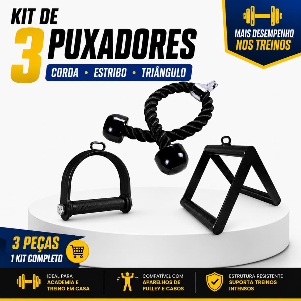 Kit 3 Puxadores Corda Tríceps Estribo Cross Over Triângulo Remada Academia Musculação Barras Fitness