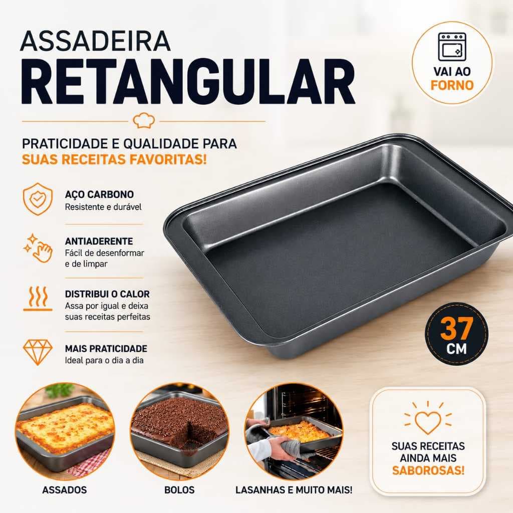 Assadeira Retangular para Bolos Lasanhas 37 Cm Aço Carbono Não Gruda Otima Qualidade Assadeira Retangular