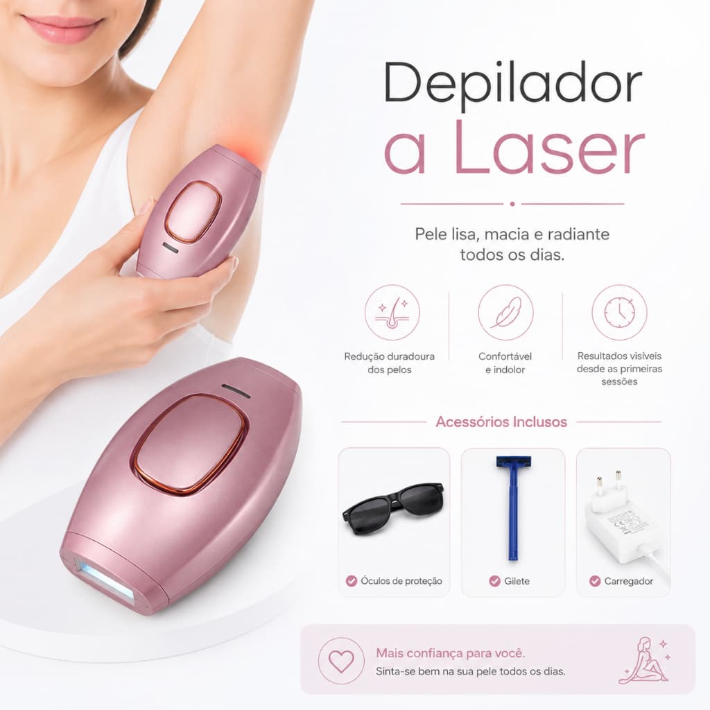 KIT: Máquina de Depilação a Laser IPL Remoção Permanente de Pelos Corporais e Rosto + Brindes