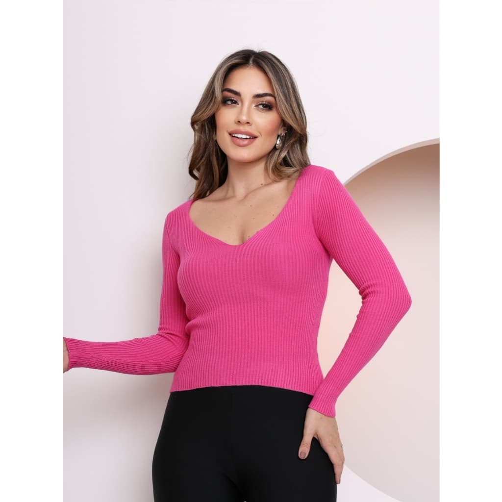 Blusa Decote V cropped  Tricôt Trança confortável Básica Sueter107