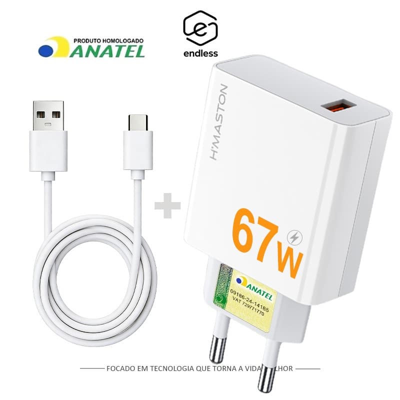 Carregador Turbo celular PD 67W USB-A com Cabo TIPO-C USB-C Bivolt carregador rápido ANATEL