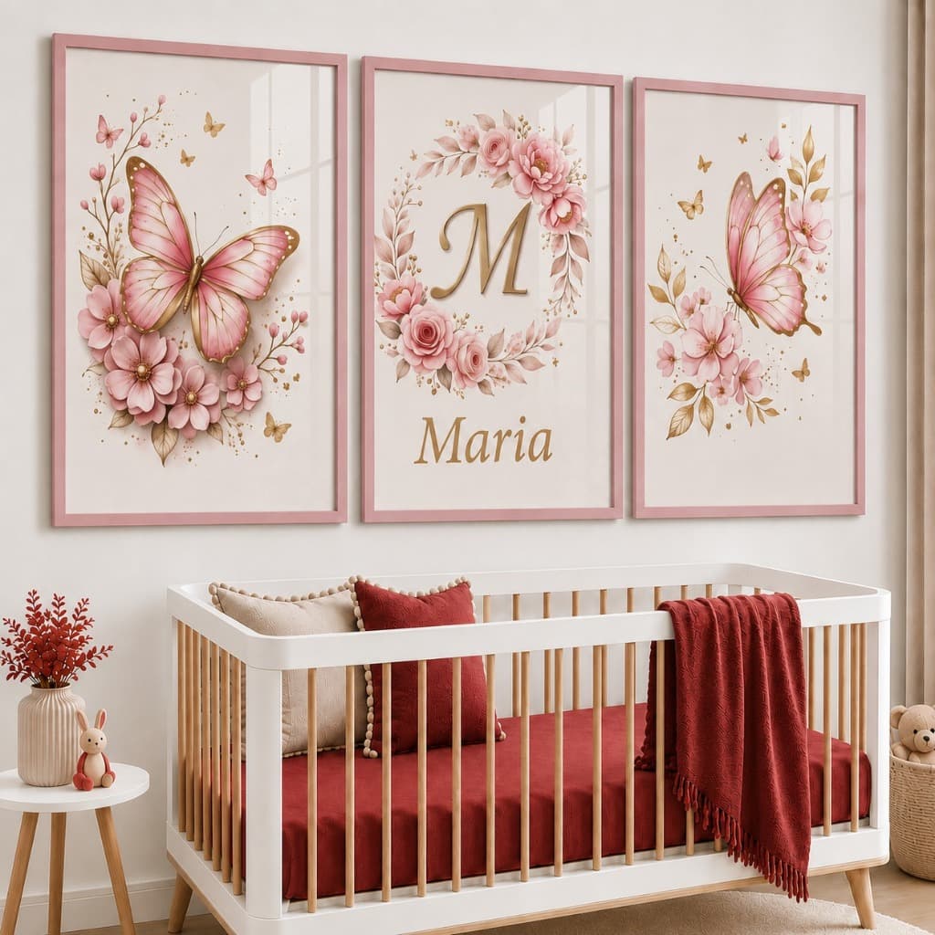 Kit 3 Quadros Decorativos Infantil Menina Quarto Bebê Placa Decorativa Borboletas Rosa Com Nome E Inicial Personalizado