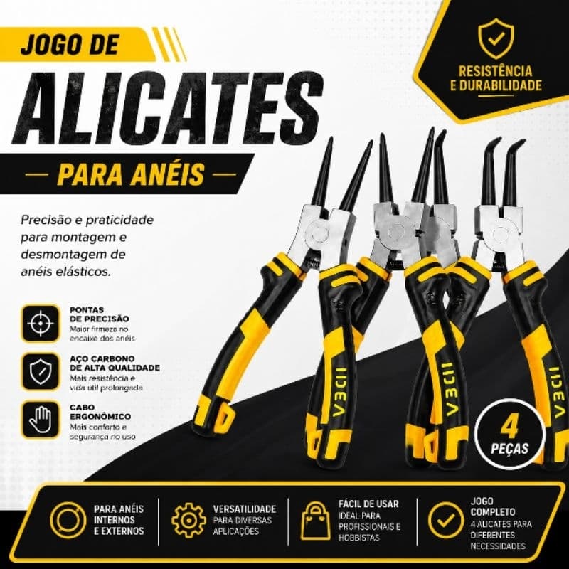 Kit/Jogo de Alicates para Anéis Internos e Externos com Pontas Retas e Curvas, Composto por 4 Peças, Alta Resistência