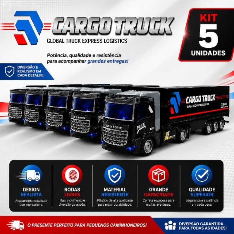 Kit Caminhão Carreta Articulado Truck, Contendo 5 Unidades, com Controle Remoto, Resistente, Várias Rodas