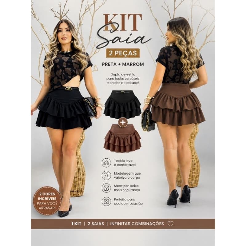 Kit Saia Feminina Babado Duplo Cintura Alta Mini Saia Moda 2026 P M G