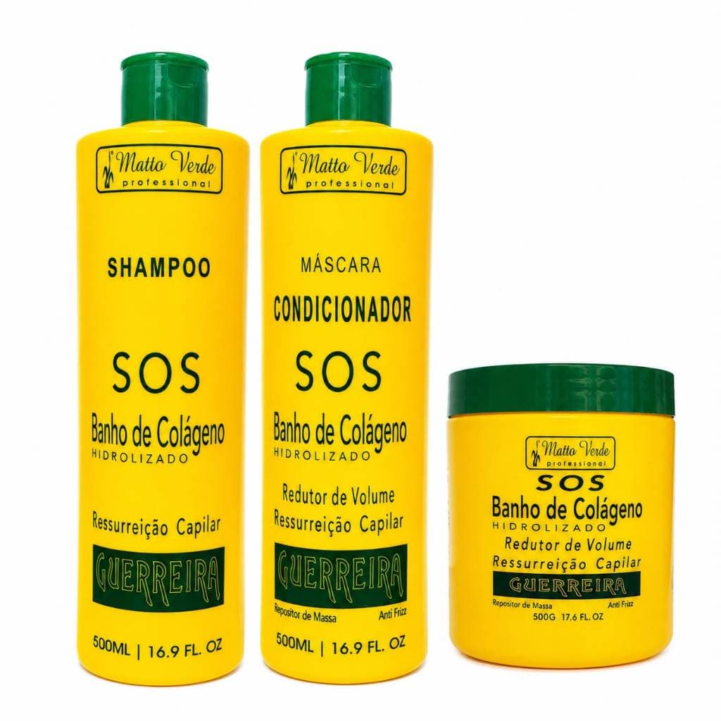 Kit SOS Banho de Colágeno Reduto de volume Guerreira Matto Verde 3x500g