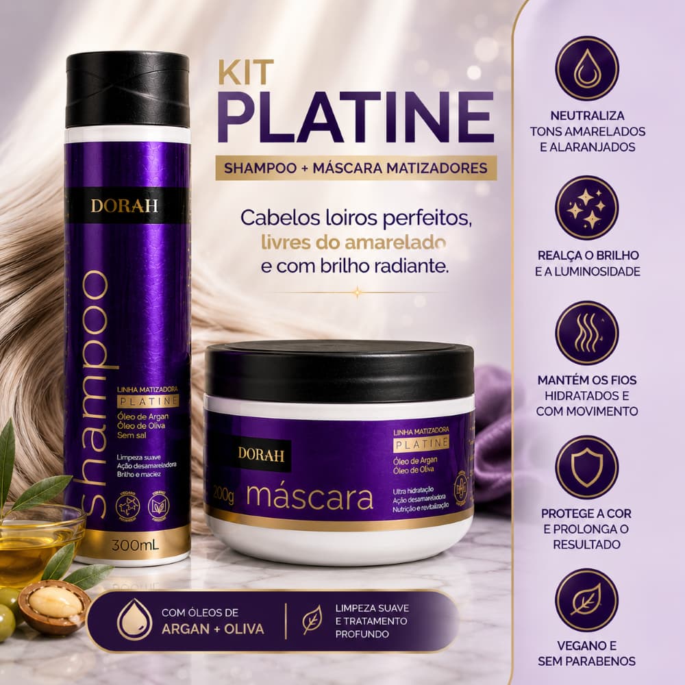 Kit Shampoo Matizador + Máscara Matizadora Dorah Beauty Platine