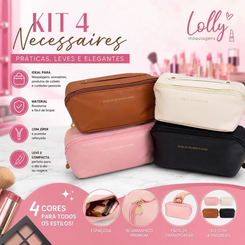 Kit 4 Necessaire Maquiagem Porta Cosméticos Organizador Bolsa Viagem PU 4 Cores