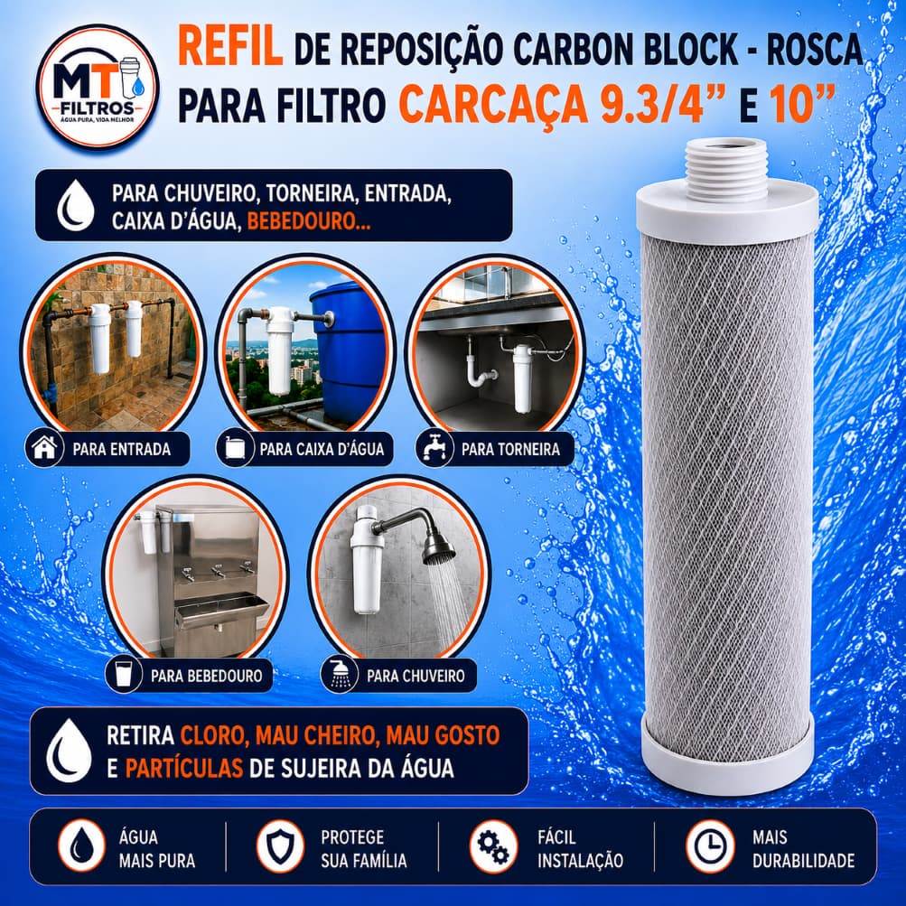 Refil p/ Filtro de Água para Carcaça de 9.3/4" e 10". Carvão Ativado "Carbon Block" - Rosca