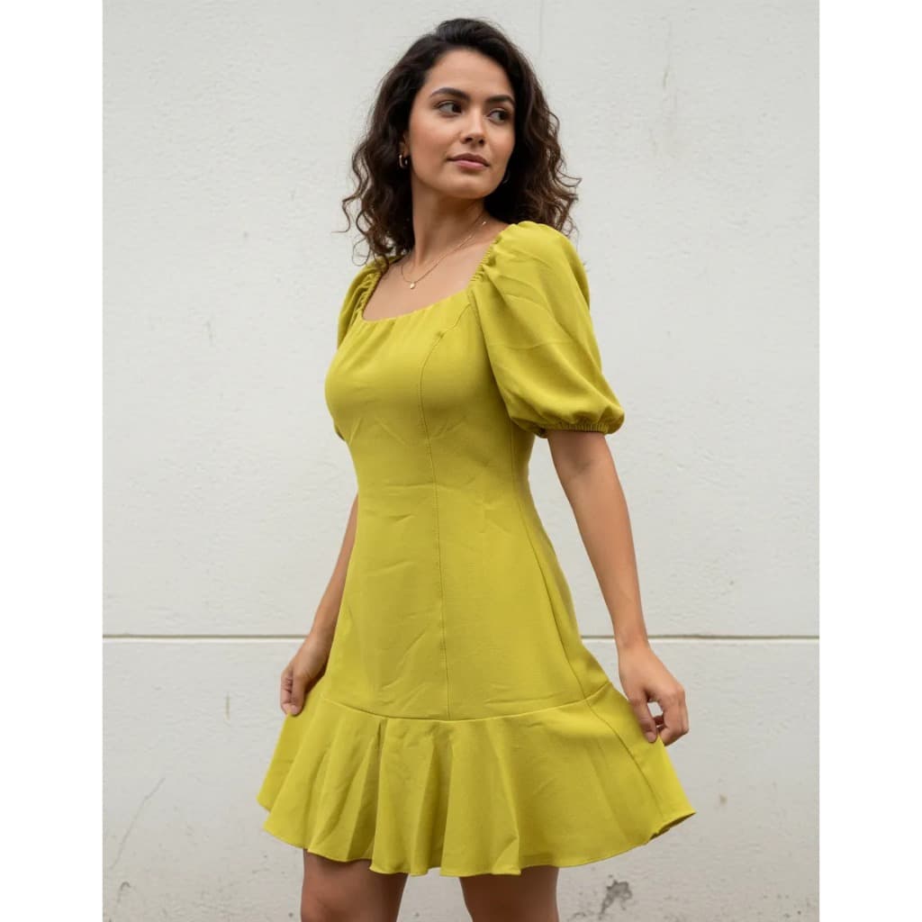 VESTIDO CURTO FEMENINO MANGA BUFANTE COM FORRO ZIPER INVISIVEL ELEGANTE MODA