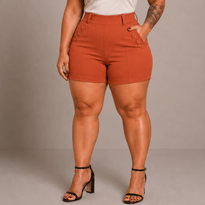 Shorts Social Plus Size Feminina Com 6 Botões Cintura Alta Alfaiataria Tecido Bengaline 42 ao 52