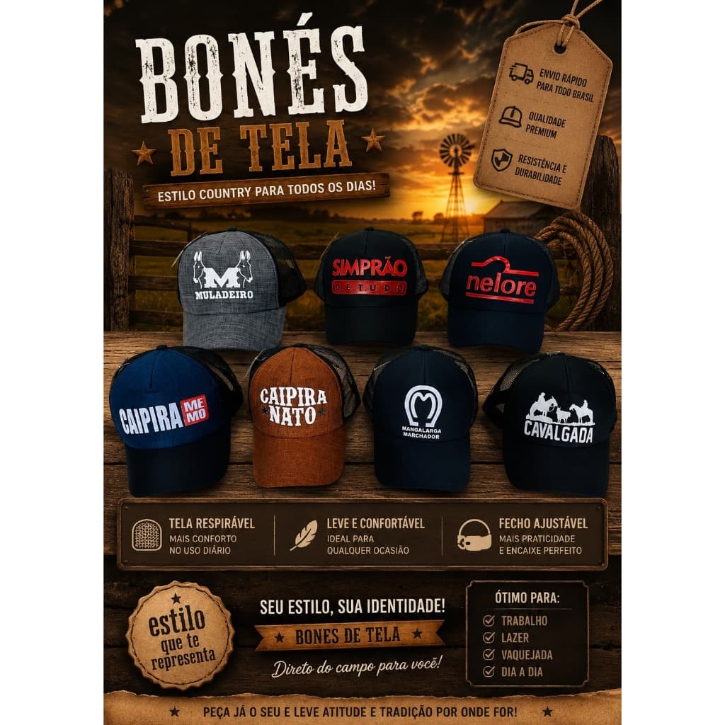 bone masculino bruto sertanejo roça aba curva telinha frases caipira