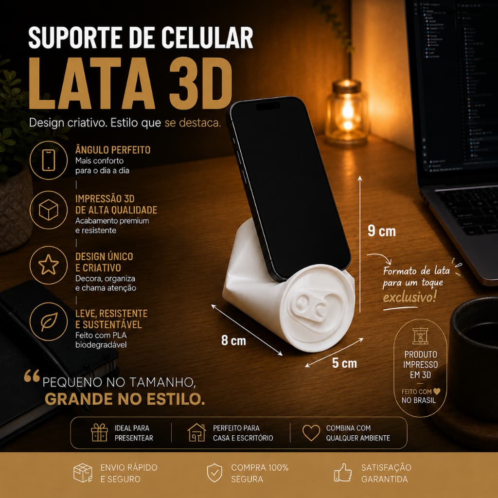Suporte para Celular Criativo em Formato de Lata Feito em Impressão 3D Moderno Ideal para Mesa Escritório e Quarto