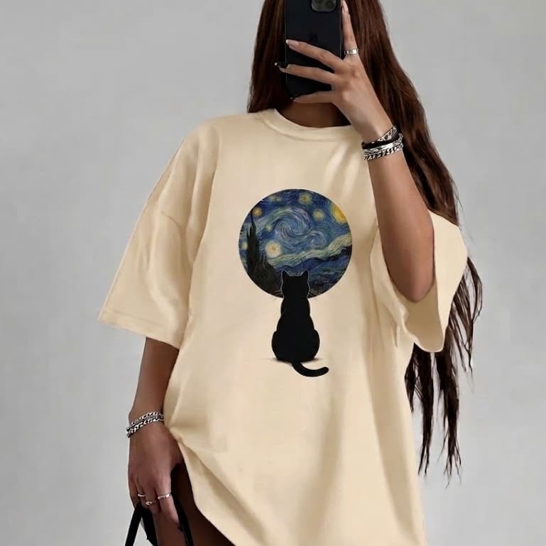 Camiseta Blusa Gato Preto Céu Estrelado Estampa Camisa Artística Unissex 100% Algodão