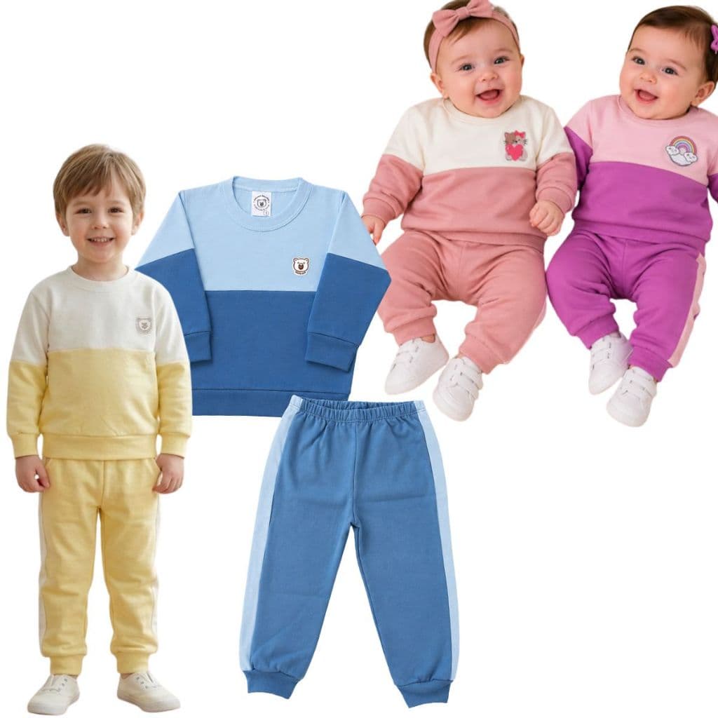 Conjunto Infantil Bicolor Moletom Inverno Menino Menina Blusão Calça Quentinho Confortável Macio
