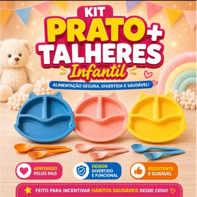 Kit Prato Infantil 3 Divisórias + Talheres -Formato Gatinho -Prato Alimentação +Garfo + Colher
